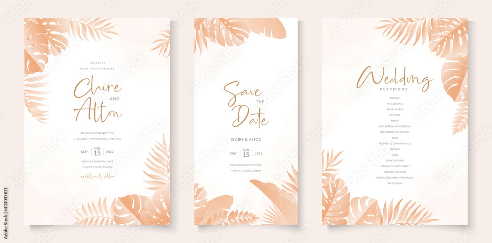 Wedding invitation card template with tropical leaves design Wedding invitation card template with tropical leaves design