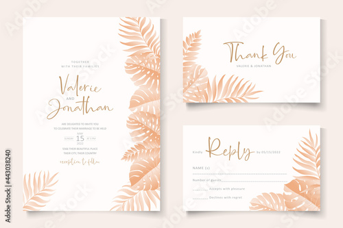 Wedding invitation card template with tropical leaves design © CLton