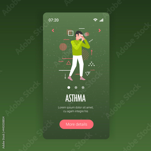 man using spray inhaler to stop asthma attack symptoms affecting breath and lungs bronchial disease concept smartphone screen mobile app copy space full length