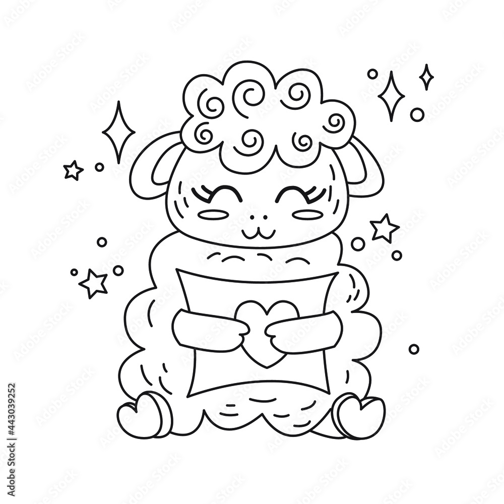Coloring page antistress. Little cute sheep hugs a pillow isolated on a white background.Vector illustration for art therapy, antistress coloring book for adults and children. Coloring page antistress. Little cute sheep hugs a pillow isolated on a white background.Vector illustration for art therapy, antistress coloring book for adults and children.
