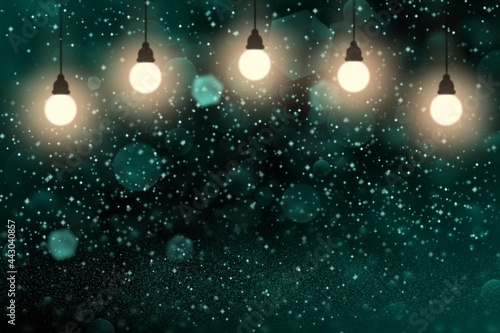 light blue wonderful sparkling glitter lights defocused light bulbs bokeh abstract background with sparks fly, festal mockup texture with blank space for your content