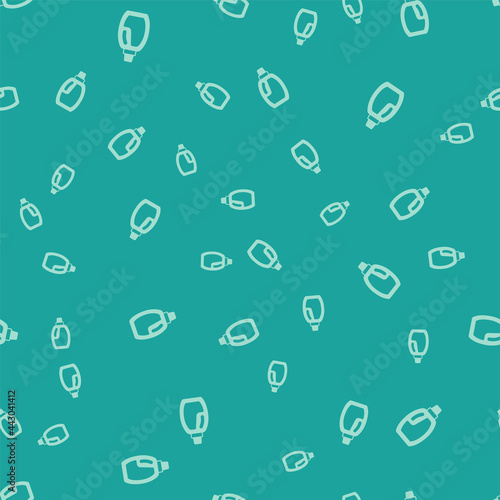 Green Plastic bottle for laundry detergent, bleach, dishwashing liquid or another cleaning agent icon isolated seamless pattern on green background. Vector