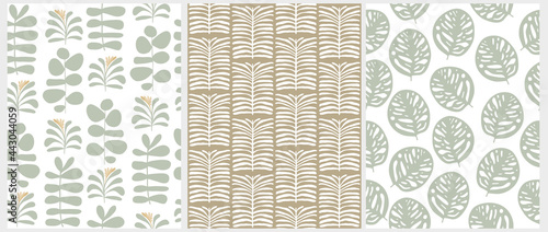 Hand Drawn Floral Seamless Vector Patterns. Green and White Exotic Flowers, Twigs and Leaves Isolated on a White and Brown Background. Simple Infantile Style Abstract Tropical Garden ideal for Fabric.