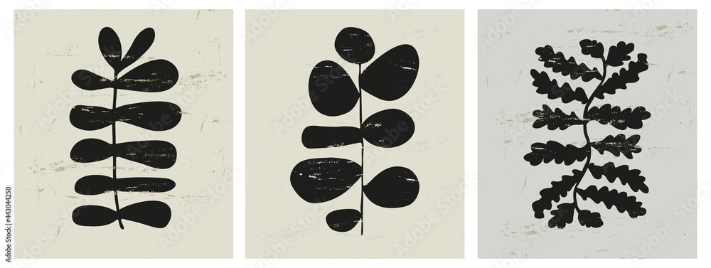 Modern Hand Drawn Floral Vector Illustration. Black Exotic Flowers, Twigs and Leaves Isolated on a Pale Green Background. Simple Infantile Style Abstract Tropical Garden Prints. - obrazy, fototapety, plakaty 