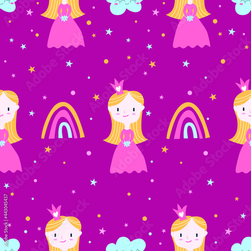 Vector seamless pattern with little princess, rainbow and cloud on a pink background. Perfect for a poster, nursery clothing, postcard, print.