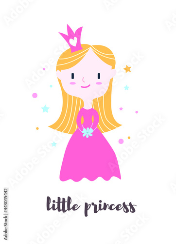 Postcard little princess in a pink dress. Vector illustration cute princess for prints, poster, nursery clothing, invitations.
