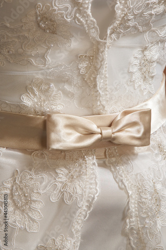 beige silk wedding bow on bridal dress with ribbon
