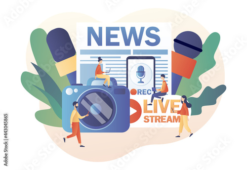 Mass media news. TV, newspaper, internet and radio journalism. Journalist concept. Tiny people journalists with microphones and camera in Live Stream. Modern flat cartoon style. Vector illustration