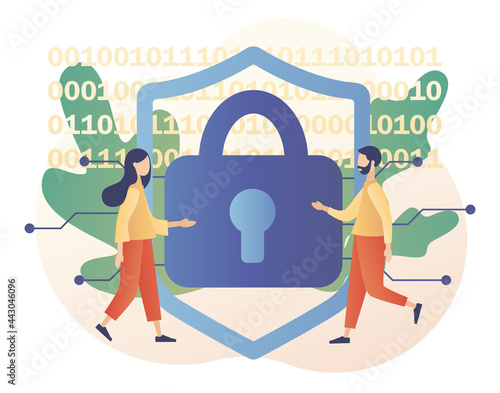 Cyber security. Global network security. Tiny people protection of computer services and electronic information. Data protection. Digital access and online safety. Modern flat cartoon style. Vector 