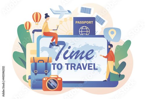 Time to travel - text on laptop screen. Trip to world. Tiny people planning vacation. Tourism. Road trip. Tour. Suitcase, world map and tourism set. Modern flat cartoon style. Vector illustration 