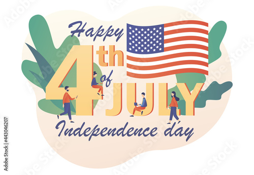 Tiny people celebrate United States Of America Independence Day. Happy 4th of July - big text. Fourth of July. Modern flat cartoon style. Vector illustration on white background