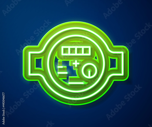 Glowing neon line Water meter icon isolated on blue background. Vector