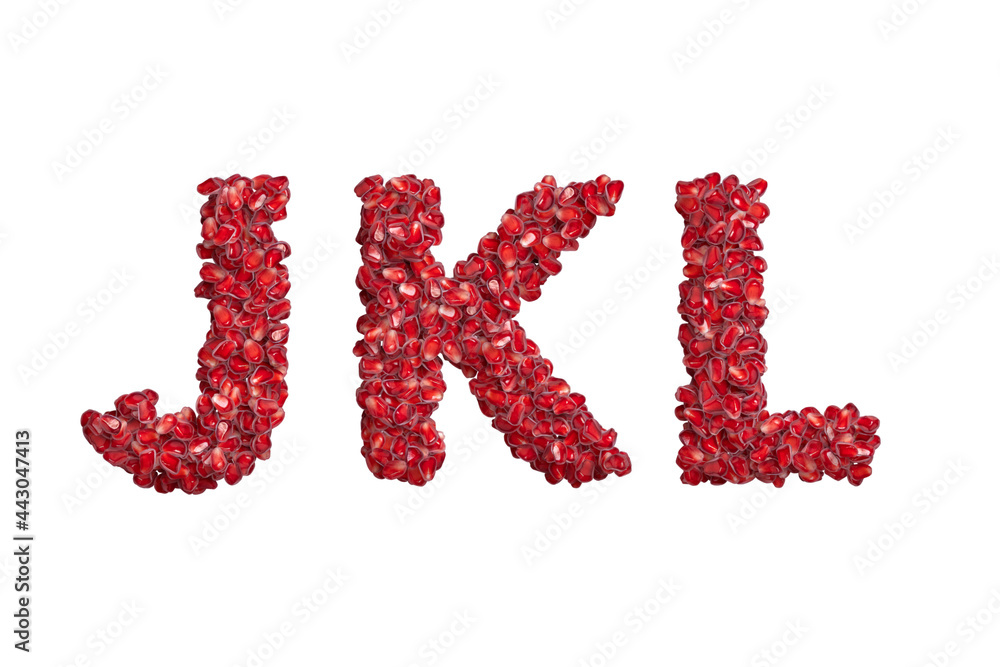 3d alphabet, uppercase letters JKL made of pomegranate grains, 3d illustration 3d alphabet, uppercase letters JKL made of pomegranate grains, 3d illustration