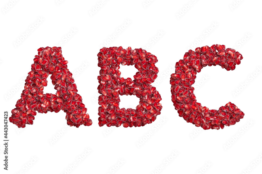 3d alphabet, uppercase letters ABC made of pomegranate grains, 3d illustration 3d alphabet, uppercase letters ABC made of pomegranate grains, 3d illustration
