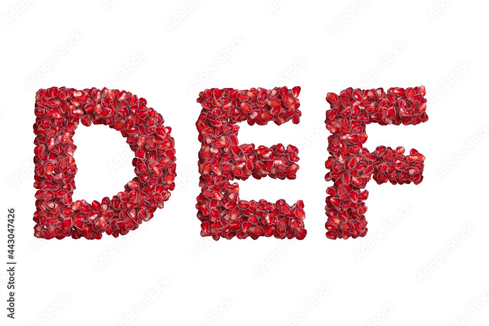 3d alphabet, uppercase letters DEF made of pomegranate grains, 3d illustration 3d alphabet, uppercase letters DEF made of pomegranate grains, 3d illustration