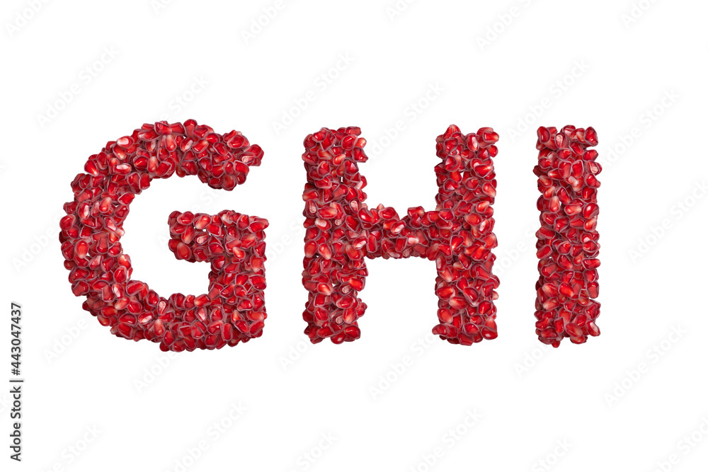 3d alphabet, uppercase letters GHI made of pomegranate grains, 3d illustration
