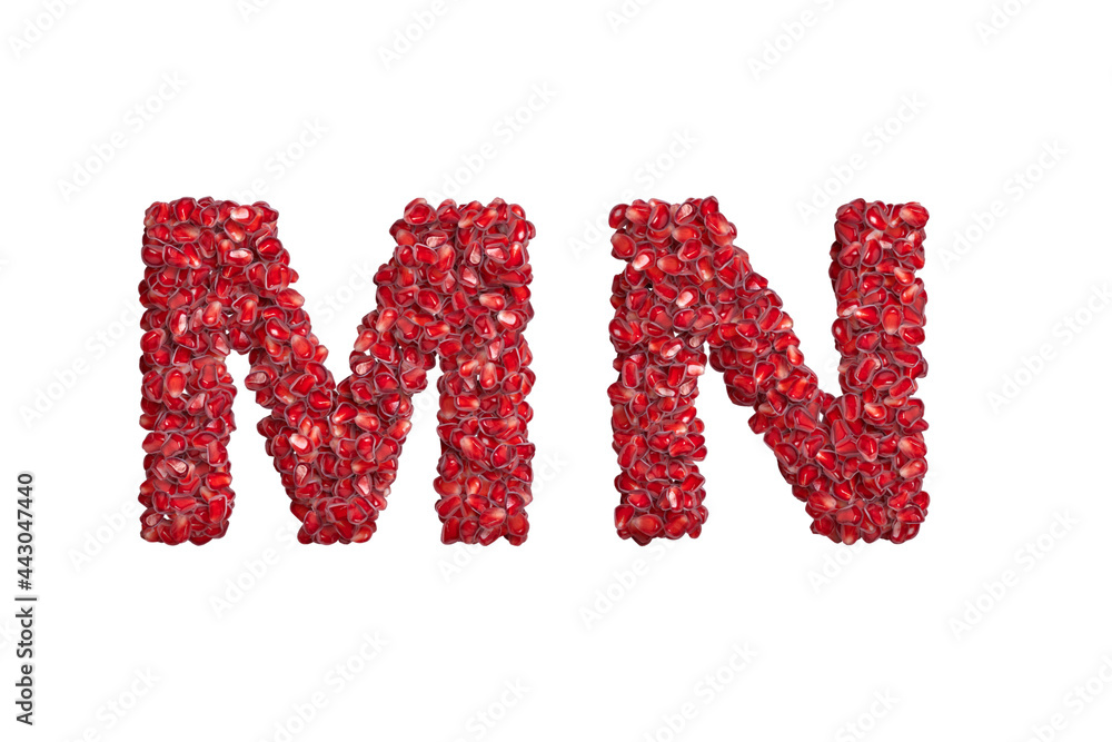 3d alphabet, uppercase letters MN made of pomegranate grains, 3d illustration 3d alphabet, uppercase letters MN made of pomegranate grains, 3d illustration