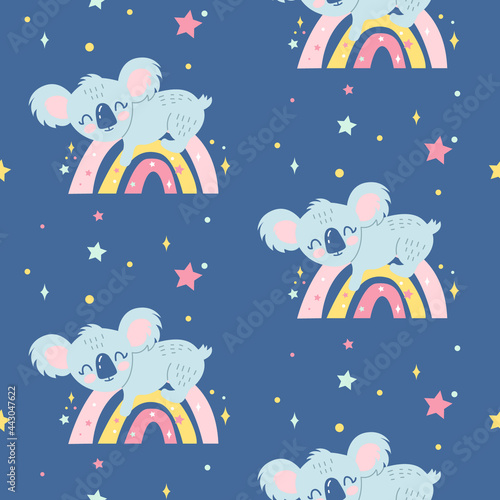 Vector seamless childish pattern with a little сute koala sleeping on a rainbow isolated on a dark blue background. Perfect for a poster, nursery clothing, postcard, pyjamas, print.