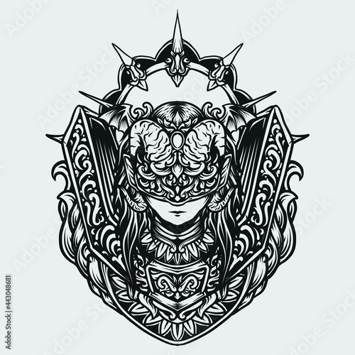 tattoo and t shirt design black and white hand drawn demon queen engraving ornament