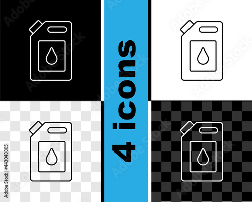 Set line Canister for motor machine oil icon isolated on black and white, transparent background. Oil gallon. Oil change service and repair. Engine oil sign. Vector