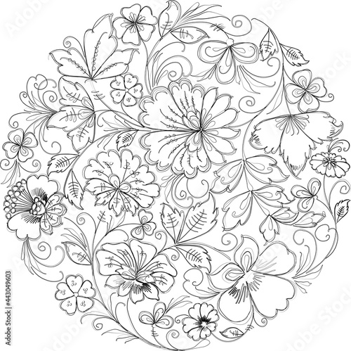 Decorative floral round design element from outlines various fantasy flowers