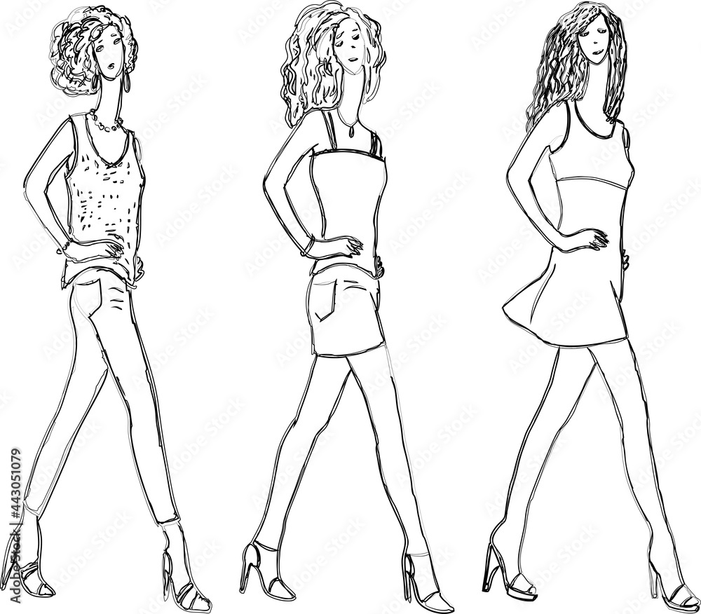 Vector contour drawings of walking young fashionable modern slim women