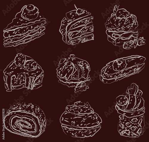 Vector outline watercolor brush drawings of various tasty brownies