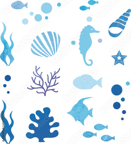 夏　海　魚　貝　海藻　シルエット　水彩　水彩タッチ　アイコン　イラスト素材セット