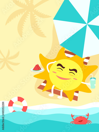 Summer holiday illustration. Cute sun cartoon is sunbathing on the beach.

