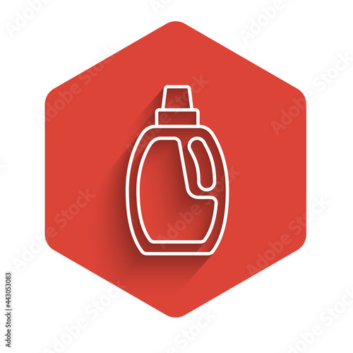 White line Plastic bottle for laundry detergent, bleach, dishwashing liquid or another cleaning agent icon isolated with long shadow background. Red hexagon button. Vector