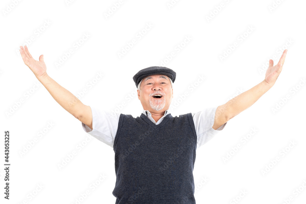 Portrait senior man feel happy good health raise both arms isolated on white background - lifestyle senior male concept Portrait senior man feel happy good health raise both arms isolated on white background - lifestyle senior male concept