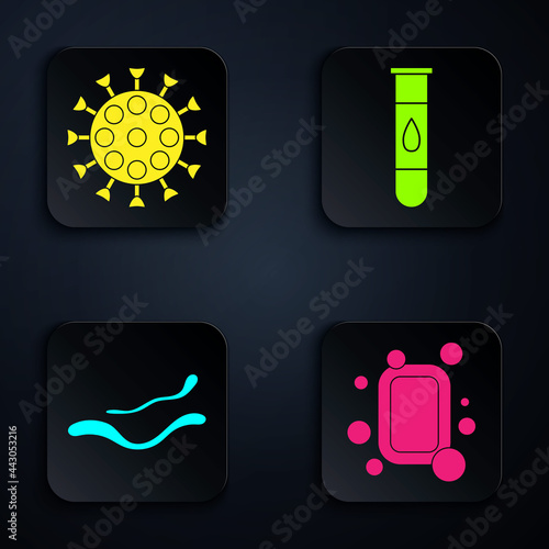Set Bar of soap, Virus, Ebola virus disease and Blood test and virus. Black square button. Vector