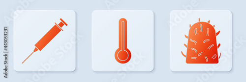 Set Medical thermometer, Syringe and Rabies virus. White square button. Vector