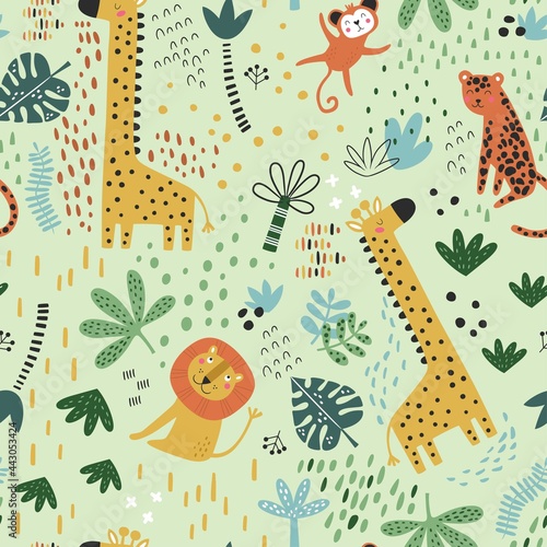 Seamless pattern with tropical animals. Creative nursery background. Perfect for kids design, fabric, wrapping, wallpaper, textile, apparel