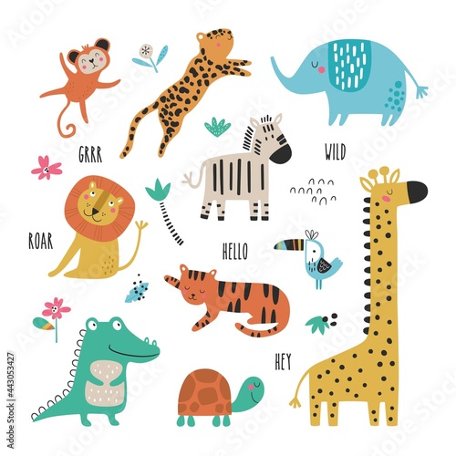 Vector set with tropical animals. Creative nursery background. Perfect for kids design  fabric  wrapping  wallpaper  textile  apparel