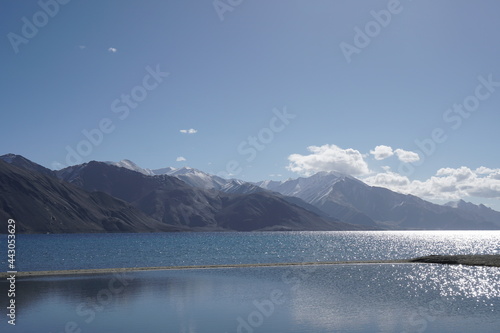 Lakescape  Nature Scene of Pangong tso or Pangong Lake with mountain background is best famous destination at Leh Ladakh  Jammu and Kashmir   India                              