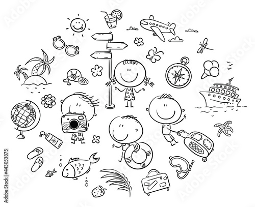 Stick figure. Kids clipart. Summer and Travelling outline set