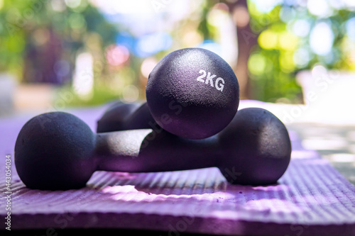 Black dumbbells weighing 2 kg placed on a yoga mat.