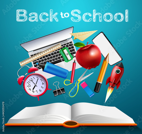 Back to school online education vector banner design. Back to school text with educational supplies and study device elements like laptop, phone and book for e-learning design. Vector illustration
