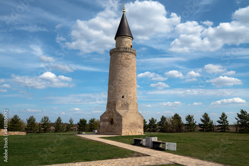 View of the Small Minaret on the territory of the Bulgarian Historical and Architectural Museum-Reserve on a sunny spring day. Bolgar, Republic of Tatarstan, Russia