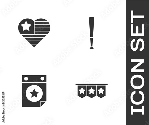Set Carnival garland with flags, USA Independence day, Calendar date July 4 and Baseball bat icon. Vector