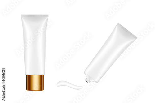 Single silver tube with gold cap. Cream splash. Serum or ointment. Gel. Vector illustration isolated on a white background. 3d mockup