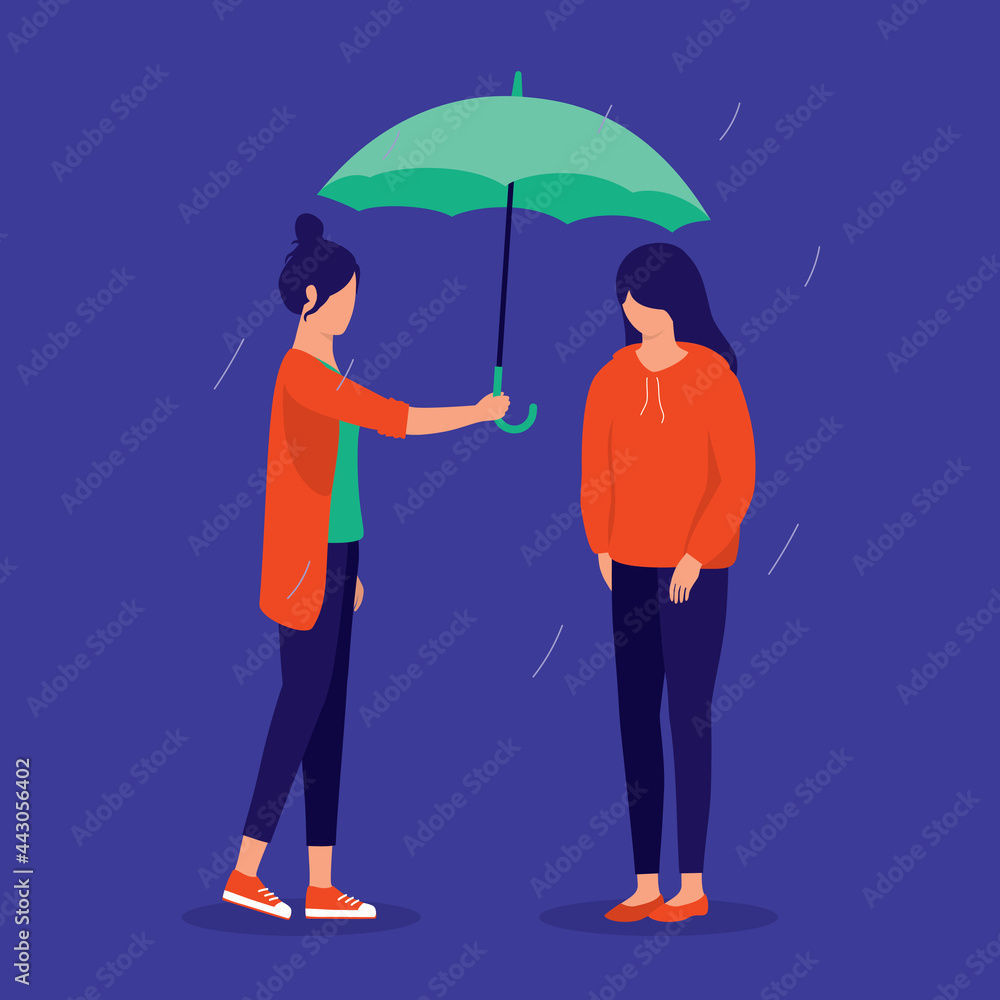 Young Woman Caring For Her Sad Friend Who Is Feeling Under The Weather. Friendships And Support. Girl Sharing Umbrella.
