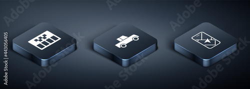 Set Isometric Taximeter, City map navigation and Car icon. Vector