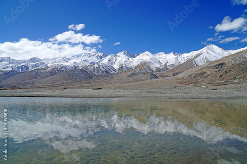 Landscape Nature Scene of Pangong tso or Pangong blue Lake with Himalaya Snow mountain background at Leh Ladakh ,Jammu and Kashmir , India - unseen travel vacation park and outdoor