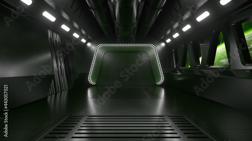 Fototapeta Naklejka Na Ścianę i Meble -  Sci-fi tunnel in outer space with neon light. Planet Earth outside the window of the spaceship. Space technology concept. 3d illustration