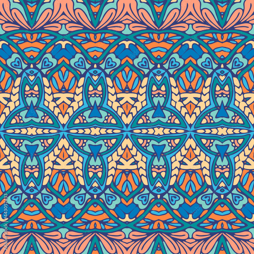 Ethnic boho geometric psychedelic colorful print with doodle Vector seamless pattern Bohemian style