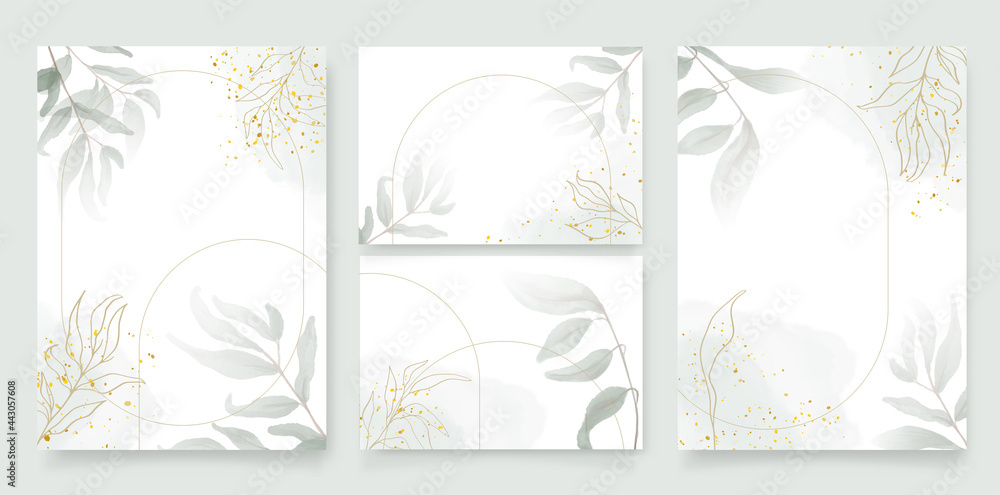 Obraz Luxury wedding invitation card background with golden arch shape line and botanical leaves, Watercolor splash. Vector invite design for wedding and vip cover template.Abstract art background vector.