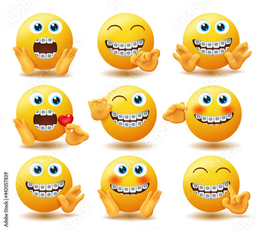 Smiley braces emoticon vector set. Emojis in dental brace characters with rich and soft hand gestures like surprised and waving hands for cute and jolly emoji character design. Vector illustration
