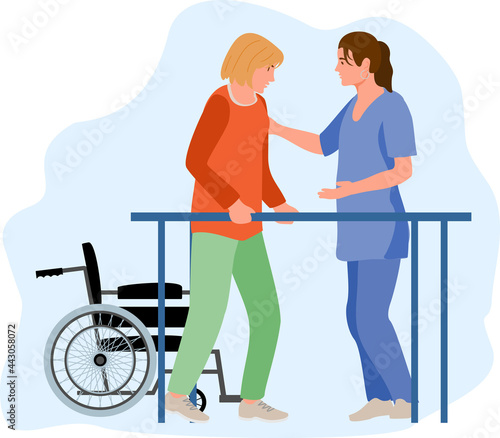 Disabled female at orthopedic rehabilitation therapy at clinic. Patient learning to walk using parallel bars with help of physiotherapist. Physical therapy treatment of people with injury, disability